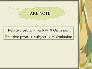 TAKE NOTE!
Relative pron. + verb   Omission
Relative pron. + subject   Omission
 