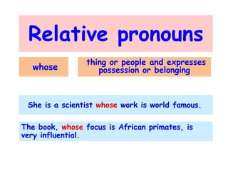 Relative pronouns
whose

thing or people and expresses
possession or belonging

She is a scientist whose work is world famous.
The book, whose focus is African primates, is
very influential.

 
