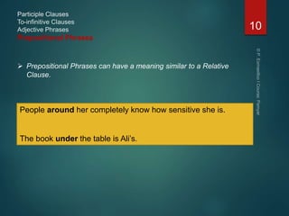 Participle Clauses
To-infinitive Clauses
Adjective Phrases
Prepositional Phrases
People around her completely know how sensitive she is.
The book under the table is Ali’s.
 Prepositional Phrases can have a meaning similar to a Relative
Clause.
10
 