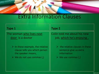 Extra Information Clauses
Type 1
The woman who lives next
door is a doctor
 In these example, the relative
clause tells you which person
the speaker means,
 We do not use commas (,)
Type 2
Colin told me about his new
job, which he’s enjoying .
 the relative clauses in these
sentence give us extra
information
 We use commas (,)
 