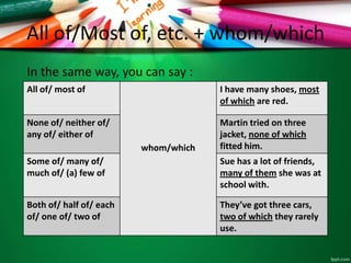 All of/Most of, etc. + whom/which
All of/ most of
whom/which
I have many shoes, most
of which are red.
None of/ neither of/
any of/ either of
Martin tried on three
jacket, none of which
fitted him.
Some of/ many of/
much of/ (a) few of
Sue has a lot of friends,
many of them she was at
school with.
Both of/ half of/ each
of/ one of/ two of
They’ve got three cars,
two of which they rarely
use.
In the same way, you can say :
 