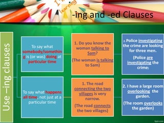 -ing and -ed Clauses
Use–ingclauses
To say what
somebody/somethin
g is (or was) doing at
particular time
1. Do you know the
woman talking to
Sam?
(The woman is talking
to Sam)
2. Police investigating
the crime are looking
for three men.
(Police are
investigating the
crime)
To say what happens
all time, not just at a
particular time
1. The road
connecting the two
villages is very
narrow.
(The road connects
the two villages)
2. I have a large room
overlooking the
garden.
(The room overlooks
the garden)
 