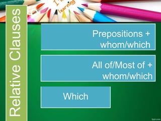 Relative
Clauses
5 Prepositions +
whom/which
All of/Most of +
whom/which
Which
 