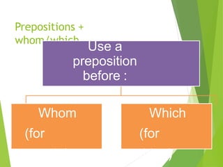 Prepositions +
whom/which
Use a
preposition
before :
Whom
(for
people)
Which
(for
thing)
 