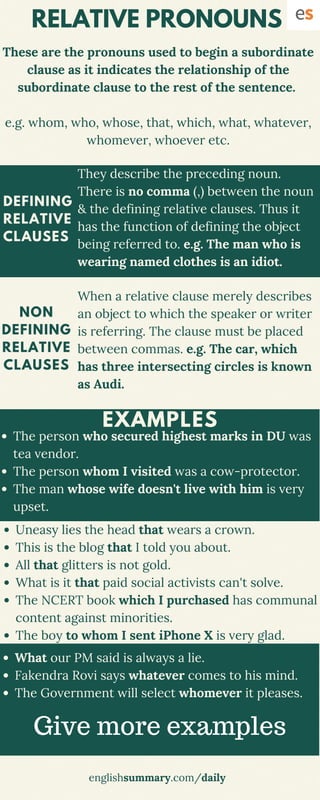 RELATIVE PRONOUNS
These are the pronouns used to begin a subordinate
clause as it indicates the relationship of the
subordinate clause to the rest of the sentence. 
e.g. whom, who, whose, that, which, what, whatever,
whomever, whoever etc.
englishsummary.com/daily
They describe the preceding noun.
There is no comma (,) between the noun
& the defining relative clauses. Thus it
has the function of defining the object
being referred to. e.g. The man who is
wearing named clothes is an idiot.
DEFINING
RELATIVE
CLAUSES
The person who secured highest marks in DU was
tea vendor.
The person whom I visited was a cow-protector.
The man whose wife doesn't live with him is very
upset.
EXAMPLES
Uneasy lies the head that wears a crown.
This is the blog that I told you about.
All that glitters is not gold.
What is it that paid social activists can't solve.
The NCERT book which I purchased has communal
content against minorities.
The boy to whom I sent iPhone X is very glad.
NON
DEFINING
RELATIVE
CLAUSES
When a relative clause merely describes
an object to which the speaker or writer
is referring. The clause must be placed
between commas. e.g. The car, which
has three intersecting circles is known
as Audi.
What our PM said is always a lie.
Fakendra Rovi says whatever comes to his mind.
The Government will select whomever it pleases.
Give more examples
 