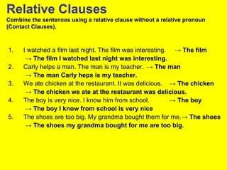 Relative Clauses
Combine the sentences using a relative clause without a relative pronoun
(Contact Clauses).



1.    I watched a film last night. The film was interesting. → The film
       → The film I watched last night was interesting.
2.    Carly helps a man. The man is my teacher. → The man
       → The man Carly heps is my teacher.
3.    We ate chicken at the restaurant. It was delicious. → The chicken
       → The chicken we ate at the restaurant was delicious.
4.    The boy is very nice. I know him from school.         → The boy
       → The boy I know from school is very nice
5.    The shoes are too big. My grandma bought them for me.→ The shoes
       → The shoes my grandma bought for me are too big.
 