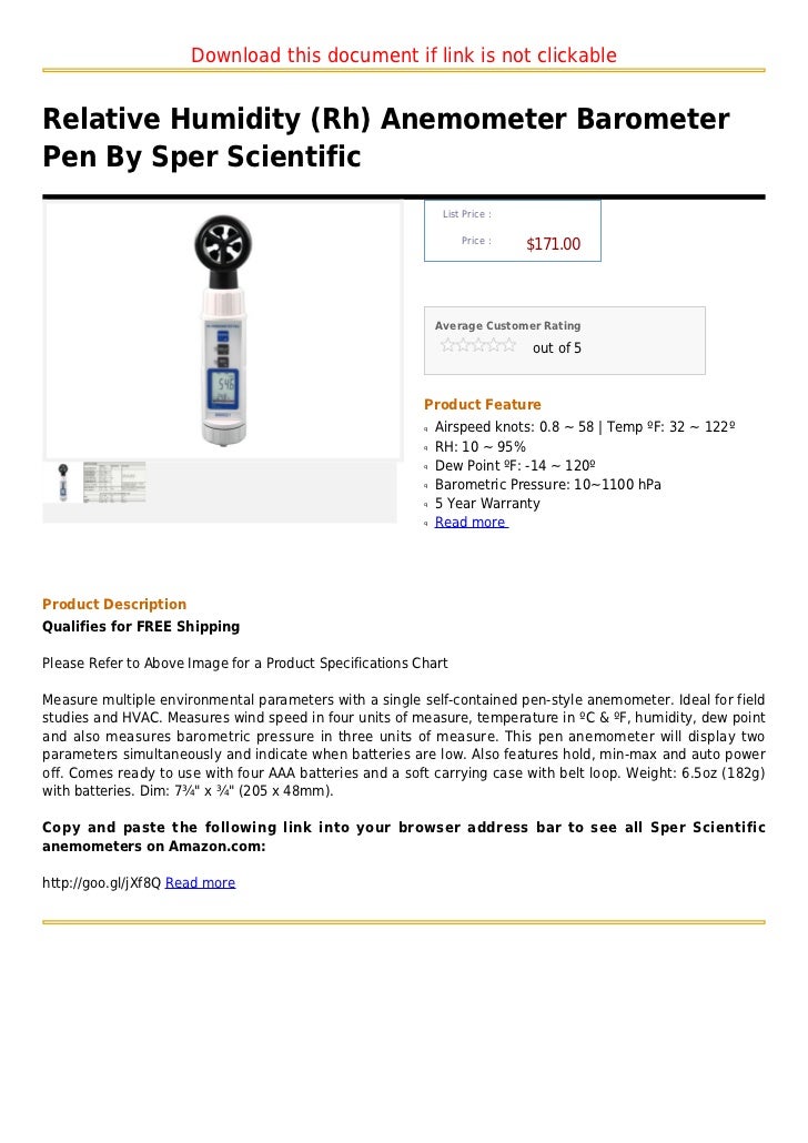Relative humidity (rh) anemometer barometer pen by sper scientific