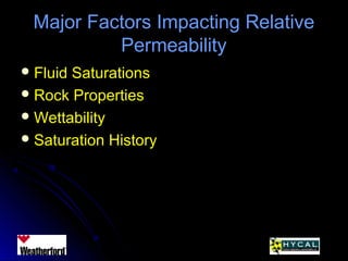 Major Factors Impacting RelativeMajor Factors Impacting Relative
PermeabilityPermeability
 Fluid SaturationsFluid Saturations
 Rock PropertiesRock Properties
 WettabilityWettability
 Saturation HistorySaturation History
 