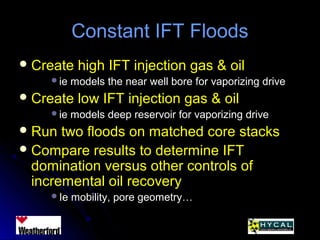 Constant IFT FloodsConstant IFT Floods
 Create high IFT injection gas & oilCreate high IFT injection gas & oil
ie models the near well bore for vaporizing driveie models the near well bore for vaporizing drive
 Create low IFT injection gas & oilCreate low IFT injection gas & oil
ie models deep reservoir for vaporizing driveie models deep reservoir for vaporizing drive
 Run two floods on matched core stacksRun two floods on matched core stacks
 Compare results to determine IFTCompare results to determine IFT
domination versus other controls ofdomination versus other controls of
incremental oil recoveryincremental oil recovery
Ie mobility, pore geometry…Ie mobility, pore geometry…
 