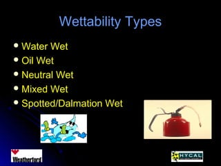 Wettability TypesWettability Types
 Water WetWater Wet
 Oil WetOil Wet
 Neutral WetNeutral Wet
 Mixed WetMixed Wet
 Spotted/Dalmation WetSpotted/Dalmation Wet
 