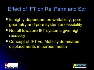 Effect of IFT on Rel Perm and SorEffect of IFT on Rel Perm and Sor
 Is highly dependant on wettability, poreIs highly dependant on wettability, pore
geometry and pore system accessibilitygeometry and pore system accessibility
 Not all low/zero IFT systems give highNot all low/zero IFT systems give high
recoveryrecovery
 Concept of IFT vs. Mobility dominatedConcept of IFT vs. Mobility dominated
displacements in porous mediadisplacements in porous media
 