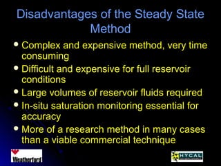 Disadvantages of the Steady StateDisadvantages of the Steady State
MethodMethod
 Complex and expensive method, very timeComplex and expensive method, very time
consumingconsuming
 Difficult and expensive for full reservoirDifficult and expensive for full reservoir
conditionsconditions
 Large volumes of reservoir fluids requiredLarge volumes of reservoir fluids required
 In-situ saturation monitoring essential forIn-situ saturation monitoring essential for
accuracyaccuracy
 More of a research method in many casesMore of a research method in many cases
than a viable commercial techniquethan a viable commercial technique
 