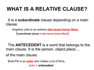 WHAT IS A RELATIVE CLAUSE? ,[object Object],[object Object],[object Object],[object Object],[object Object]