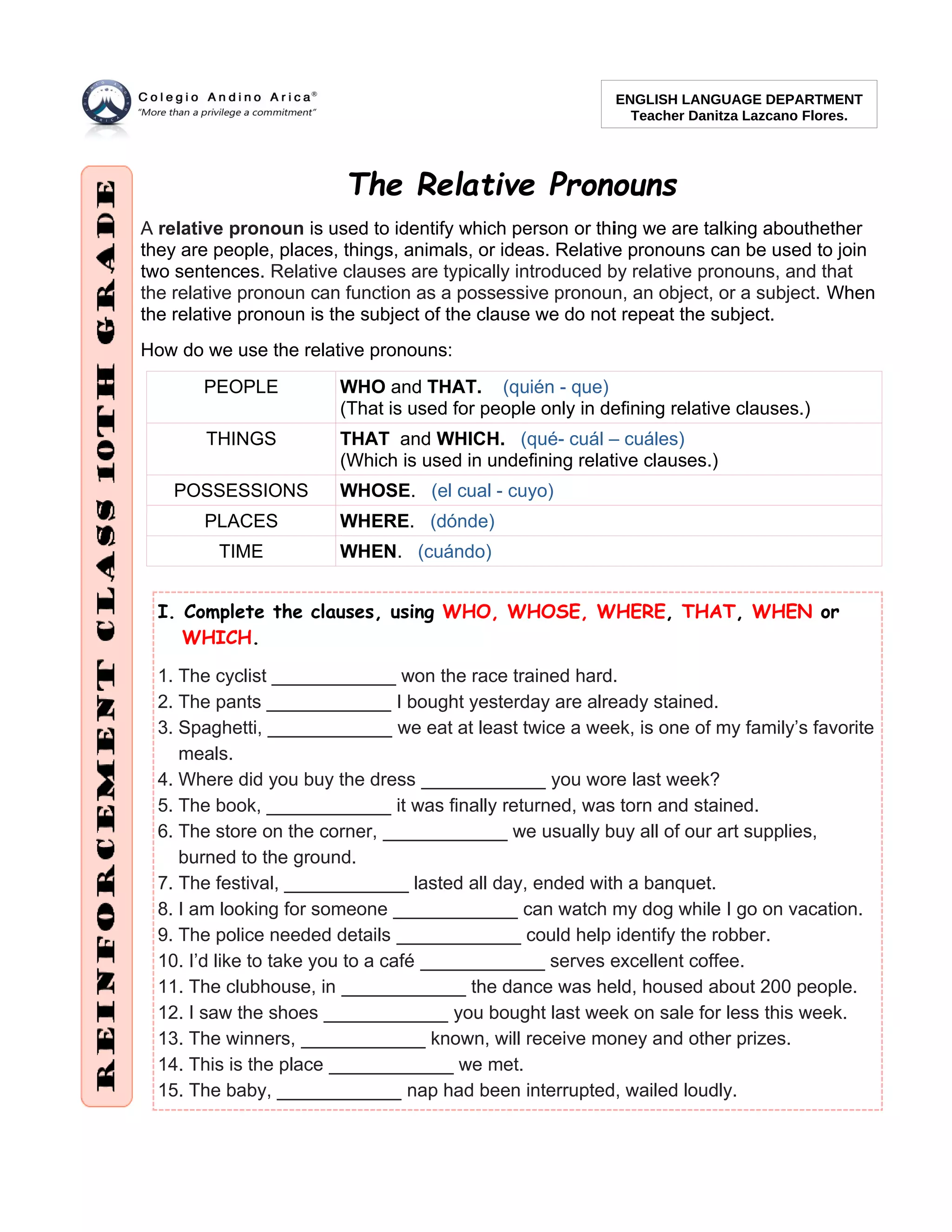 Relative Pronouns 10th grade | PDF