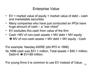 Enterprise Value
• EV = market value of equity + market value of debt – cash
  and marketable securities
• Many companies who have just conducted an IPOs have
  huge amount of cash – a “war chest”
• EV excludes this cash from value of the firm
• Cash +MV of non-cash assets = MV debt + MV equity
   MV of non-cash assets = MV debt + MV equity - Cash

For example: Nasdaq AWRE (did IPO in 1996)
Its 1996 cash was $31.1 million, Total assets = $40.1 million,
   Debt=0  EV=$9 million.

For young firms it is common to use EV instead of Value.   21
 