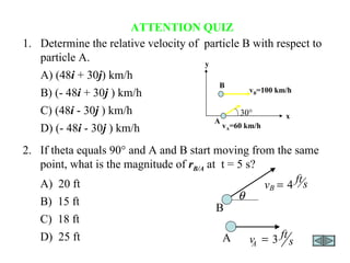 ATTENTION QUIZ 1. Determine the relative velocity of  particle B with respect to particle A. A) (48 i  + 30 j ) km/h B) (- 48 i  + 30 j   ) km/h C) (48 i  - 30 j   ) km/h D) (- 48 i  - 30 j   ) km/h 2.  If theta equals 90° and A and B start moving from the same point, what is the magnitude of  r B/A  at  t = 5 s? A)  20 ft B)  15 ft C)  18 ft D)  25 ft  A B  s ft v A 3  s ft v B 4  B A v B =100 km/h v A =60 km/h 30  y x 