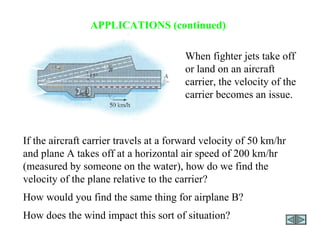 APPLICATIONS (continued) If the aircraft carrier travels at a forward velocity of 50 km/hr  and plane A takes off at a horizontal air speed of 200 km/hr (measured by someone on the water), how do we find the velocity of the plane relative to the carrier? How would you find the same thing for airplane B? How does the wind impact this sort of situation? When fighter jets take off or land on an aircraft carrier, the velocity of the carrier becomes an issue. 