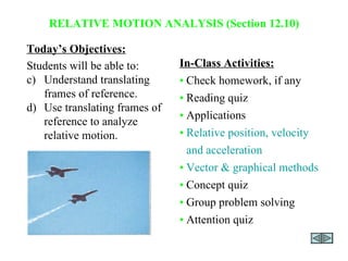 RELATIVE MOTION ANALYSIS (Section 12.10) ,[object Object],[object Object],[object Object],[object Object],In-Class Activities: • Check homework, if any • Reading quiz • Applications • Relative position, velocity and acceleration • Vector & graphical methods • Concept quiz • Group problem solving • Attention quiz 