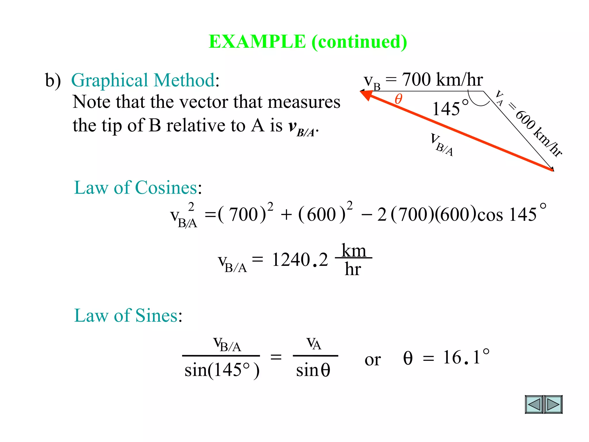EXAMPLE (continued) Law of Sines :  sin ) 145 ° sin( / A A B v v  or   1 . 16  b)  Graphical Method :  145 v B  = 700 km/hr v A  = 600 km/hr v B/A Note that the vector that measures the tip of B relative to A is  v B/A . Law of Cosines :     145 cos ) 600 )( 700 ( 2 ) 600 ( ) 700 ( 2 2 2 / A B v  hr km v A B 2 . 1240 /  