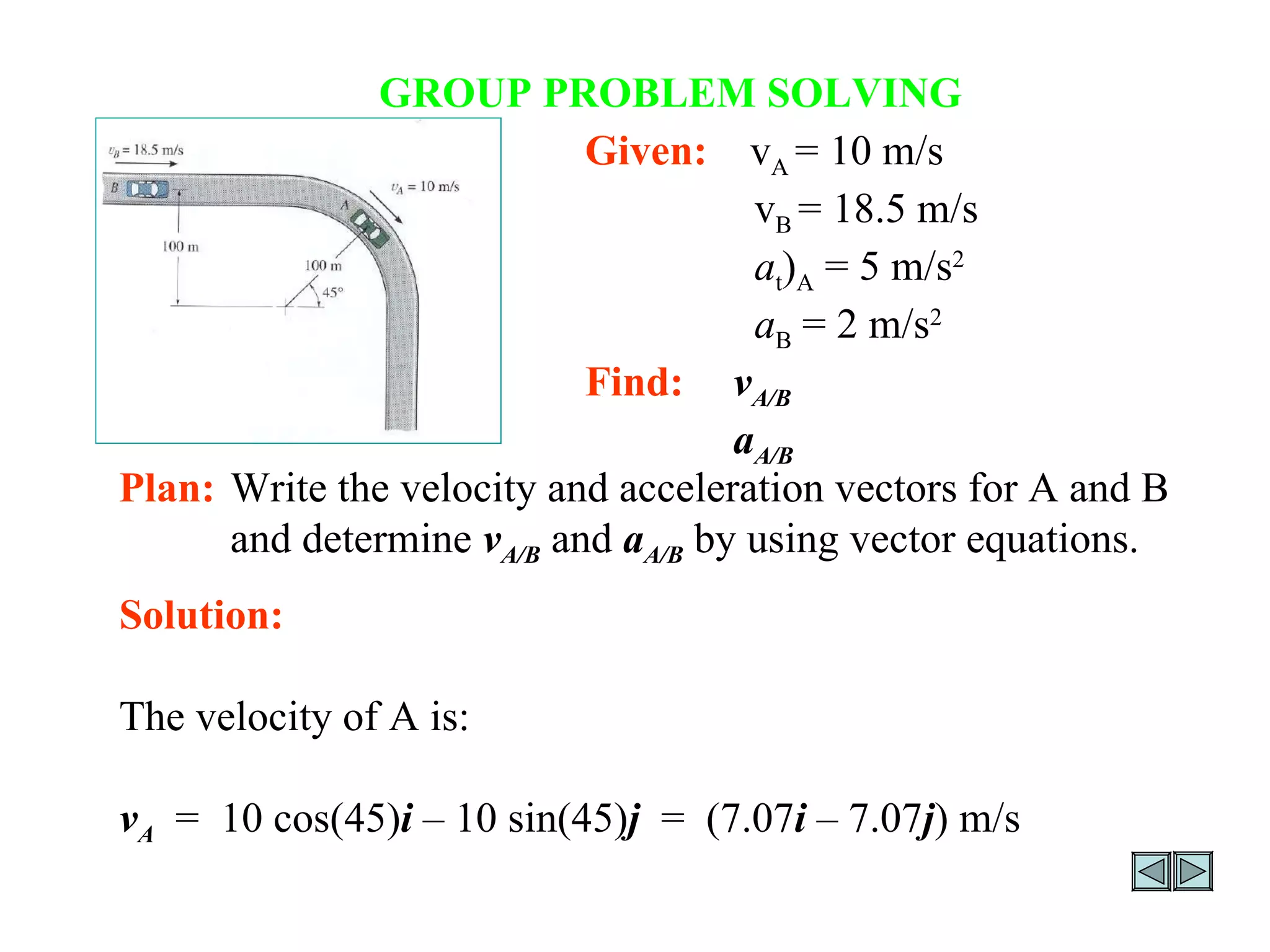 GROUP PROBLEM SOLVING Given:   v A  = 10 m/s   v B  = 18.5 m/s   a t ) A  = 5 m/s 2   a B  = 2 m/s 2 Find:   v A/B   a A/B Plan: Write the velocity and acceleration vectors for A and B and determine  v A/B  and  a A/B  by using vector equations. Solution: The velocity of A is: v A   =  10 cos(45) i  – 10 sin(45) j   =  (7.07 i  – 7.07 j ) m/s y x 