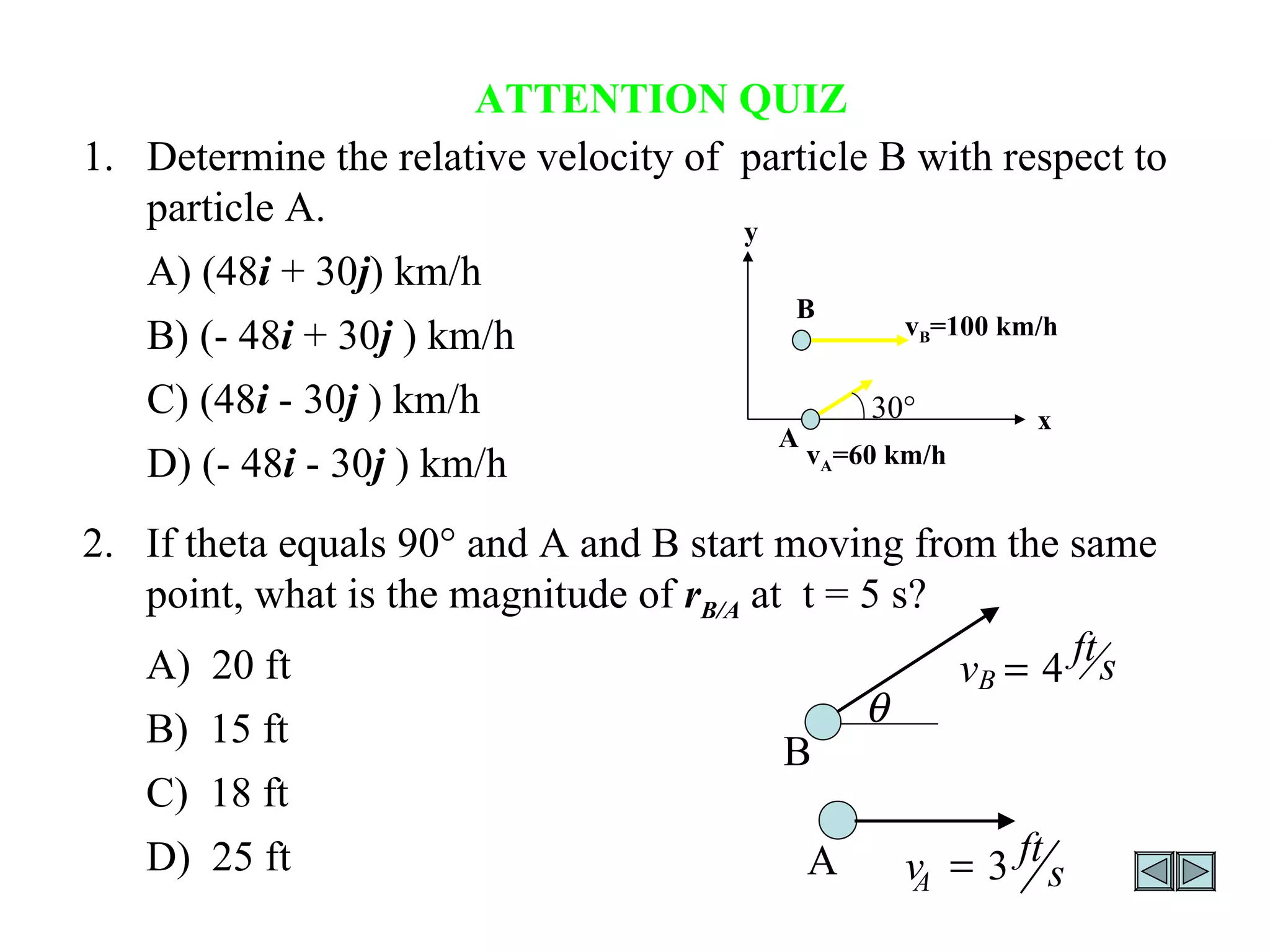 ATTENTION QUIZ 1. Determine the relative velocity of  particle B with respect to particle A. A) (48 i  + 30 j ) km/h B) (- 48 i  + 30 j   ) km/h C) (48 i  - 30 j   ) km/h D) (- 48 i  - 30 j   ) km/h 2.  If theta equals 90° and A and B start moving from the same point, what is the magnitude of  r B/A  at  t = 5 s? A)  20 ft B)  15 ft C)  18 ft D)  25 ft  A B  s ft v A 3  s ft v B 4  B A v B =100 km/h v A =60 km/h 30  y x 