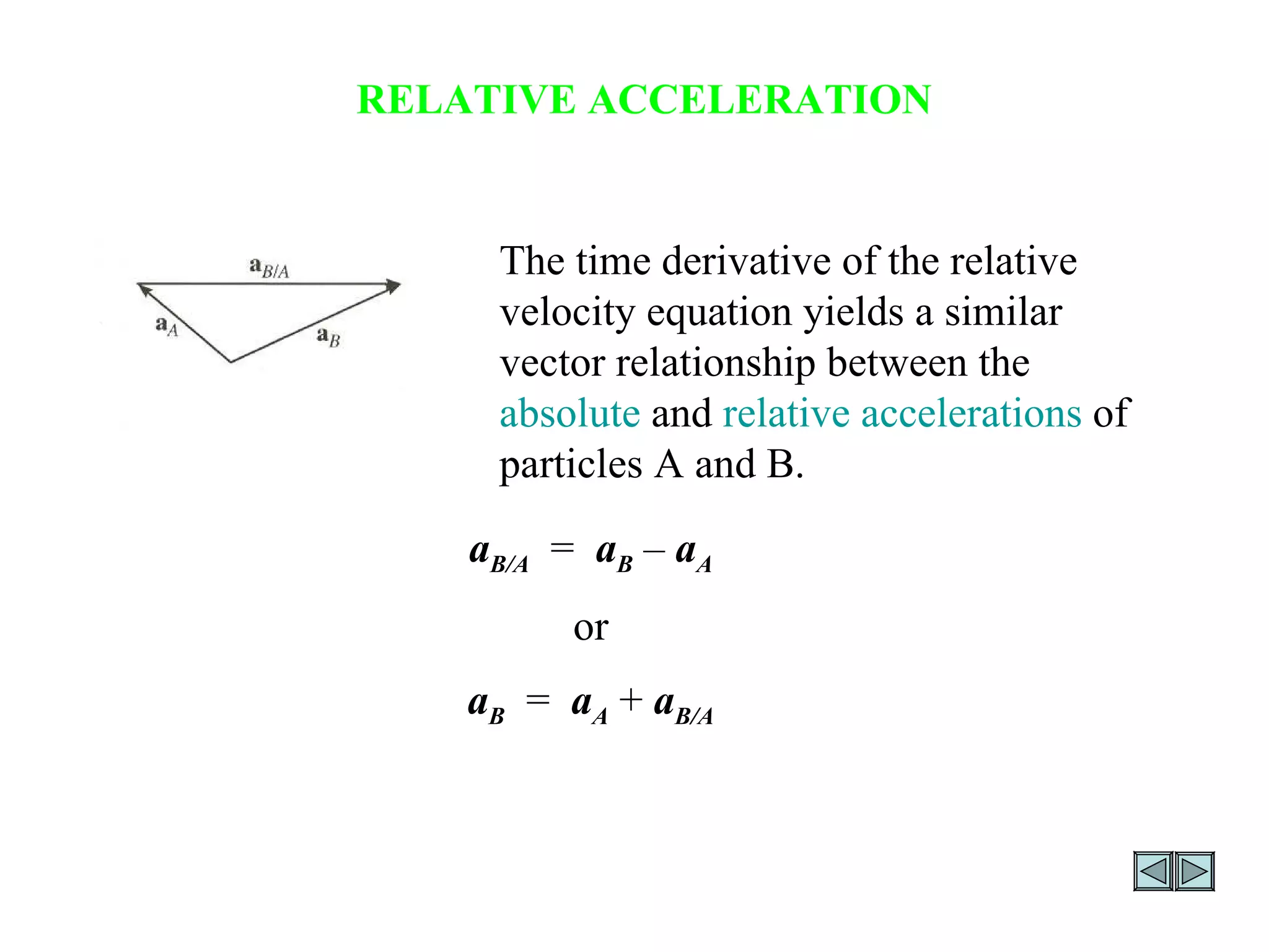 RELATIVE ACCELERATION The time derivative of the relative velocity equation yields a similar vector relationship between the  absolute  and  relative accelerations  of particles A and B. a B/A   =  a B   –  a A or a B   =  a A  +  a B/A 