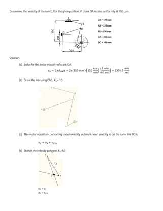 Determine the velocity of the ram E, for the given position, if crank OA rotates uniformly at 150 rpm.




Solution:


                                                                              1
                                        =2        = 2 (150     ) 150                  = 2356.5
        (a) Solve for the linear velocity of crank OA;

                                                                              60

        (b) Draw the link using CAD, KS = 10:




        (c) The vector equation connecting known velocity vB to unknown velocity vC on the same link BC is:

                            =       +    /


        (d) Sketch the velocity polygon, KV=50:




                        oc = vC
                        ac = vC/A
 
