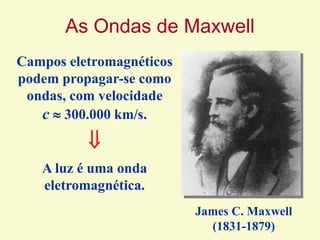 As Ondas de Maxwell
James C. Maxwell
(1831-1879)
Campos eletromagnéticos
podem propagar-se como
ondas, com velocidade
c  300.000 km/s.

A luz é uma onda
eletromagnética.
 
