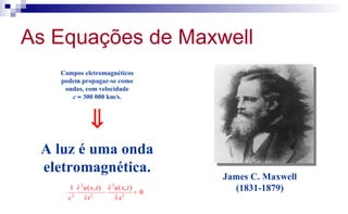 As Equações de Maxwell
James C. Maxwell
(1831-1879)
Campos eletromagnéticos
podem propagar-se como
ondas, com velocidade
c ≈ 300 000 km/s.
⇓
A luz é uma onda
eletromagnética.
0
),(),(1
2
2
2
2
2
=
∂
∂
−
∂
∂
x
txu
t
txu
c
 