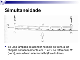 Simultaneidade
 Se uma lâmpada se acender no meio do trem, a luz
chegará simultaneamente em P1 e P2 no referencial M’
(trem), mas não no referencial M (fora do trem).
 