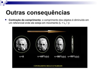 Outras consequências
 Contração do comprimento: o comprimento dos objetos é diminuído em
um referencial onde ele esteja em movimento (L = L0 / γ)
 