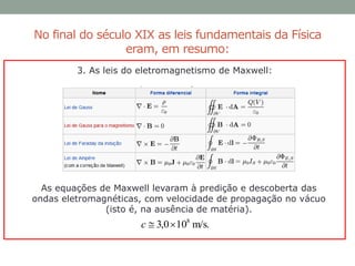 No final do século XIX as leis fundamentais da Física
eram, em resumo:
3. As leis do eletromagnetismo de Maxwell:
As equações de Maxwell levaram à predição e descoberta das
ondas eletromagnéticas, com velocidade de propagação no vácuo
(isto é, na ausência de matéria).
.m/s100,3 8
c
 