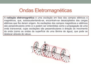 Ondas Eletromagnéticas
A radiação eletromagnética é uma oscilação em fase dos campos elétricos e
magnéticos, que, autossustentando-se, encontram-se desacoplados das cargas
elétricas que lhe deram origem. As oscilações dos campos magnéticos e elétricos
são perpendiculares entre si e podem ser entendidas como a propagação de uma
onda transversal, cujas oscilações são perpendiculares à direção do movimento
da onda (como as ondas da superfície de uma lâmina de água), que pode se
deslocar através do vácuo.
 