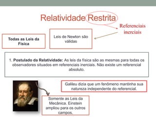 Relatividade Restrita
1. Postulado da Relatividade: As leis da física são as mesmas para todas os
observadores situados em referenciais inerciais. Não existe um referencial
absoluto.
Referenciais
inerciais
Leis de Newton são
válidas
Todas as Leis da
Física
Somente as Leis da
Mecânica. Einstein
ampliou para os outros
campos.
Galileu dizia que um fenômeno mantinha sua
natureza independente do referencial.
 