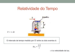 Relatividade do Tempo
∆𝑡0 =
2 𝐷
𝑐
𝐷 = 𝑣. ∆𝑡
O intervalo de tempo medido por O’ entre os dois eventos é:
𝑐 é a velocidade da luz.
 