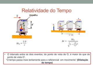 ∆𝑡0 =
2 𝐷
𝑐
∆𝑡 =
∆𝑡0
1 − (
𝑣
𝑐
)2
• O intervalo entre os dois eventos, do ponto de vista de O, é maior do que do
ponto de vista O’.
“O tempo passa mais lentamente para o referencial em movimento” (Dilatação
do tempo)
Relatividade do Tempo
 