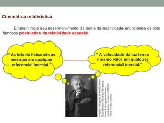 Einstein inicia seu desenvolvimento da teoria da relatividade enunciando os dois
famosos postulados da relatividade especial:
Cinemática relativística
“ As leis da física são as
mesmas em qualquer
referencial inercial.’’
“ A velocidade da luz tem o
mesmo valor em qualquer
referencial inercial.”
Imagem:FotografiadeAlbetEintein/
DorisUlmann/LibraryofCongress,
Prints&PhotographsDivision,
[reproductionnumberLC-USZC4-
4940]/PublicDomain.
 