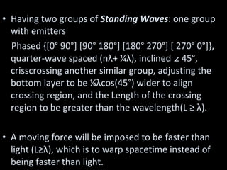 Having two groups of  Standing Waves : one group with emitters  Phased {[0° 90°] [90° 180°] [180° 270°] [ 270° 0°]}, quarter-wave spaced (nλ+ ¼λ), inclined ∠ 45°, crisscrossing another similar group, adjusting the bottom layer to be ¼λcos(45°) wider to align crossing region, and the Length of the crossing region to be greater than the wavelength(L ≥ λ). A moving force will be imposed to be faster than light (L≥λ), which is to warp spacetime instead of being faster than light. 