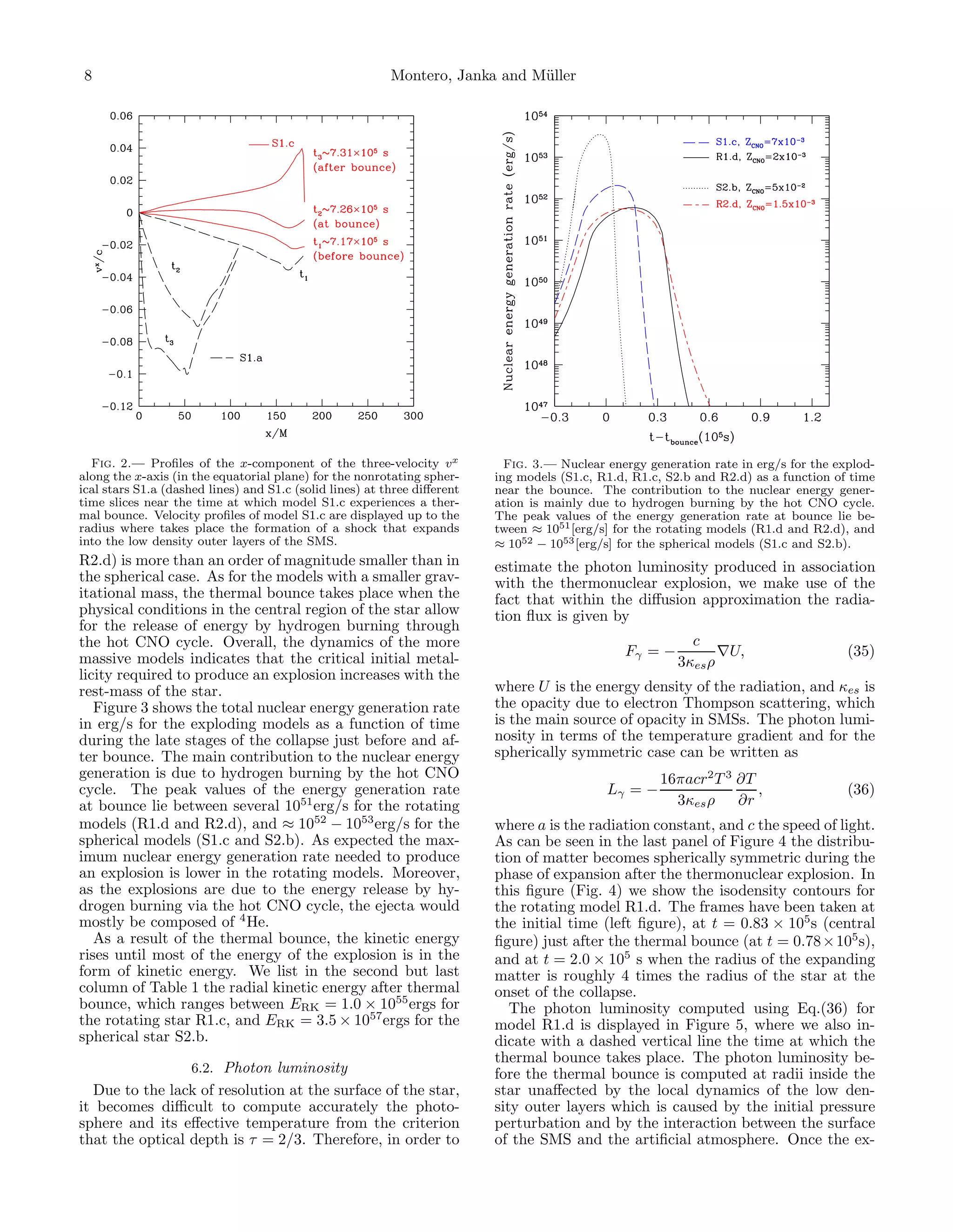 8                                                         Montero, Janka and M¨ller
                                                                              u




  Fig. 2.— Proﬁles of the x-component of the three-velocity vx              Fig. 3.— Nuclear energy generation rate in erg/s for the explod-
along the x-axis (in the equatorial plane) for the nonrotating spher-     ing models (S1.c, R1.d, R1.c, S2.b and R2.d) as a function of time
ical stars S1.a (dashed lines) and S1.c (solid lines) at three diﬀerent   near the bounce. The contribution to the nuclear energy gener-
time slices near the time at which model S1.c experiences a ther-         ation is mainly due to hydrogen burning by the hot CNO cycle.
mal bounce. Velocity proﬁles of model S1.c are displayed up to the        The peak values of the energy generation rate at bounce lie be-
radius where takes place the formation of a shock that expands            tween ≈ 1051 [erg/s] for the rotating models (R1.d and R2.d), and
into the low density outer layers of the SMS.                             ≈ 1052 − 1053 [erg/s] for the spherical models (S1.c and S2.b).
R2.d) is more than an order of magnitude smaller than in                  estimate the photon luminosity produced in association
the spherical case. As for the models with a smaller grav-                with the thermonuclear explosion, we make use of the
itational mass, the thermal bounce takes place when the                   fact that within the diﬀusion approximation the radia-
physical conditions in the central region of the star allow               tion ﬂux is given by
for the release of energy by hydrogen burning through
the hot CNO cycle. Overall, the dynamics of the more                                                       c
massive models indicates that the critical initial metal-                                       Fγ = −          ∇U,                    (35)
                                                                                                         3κes ρ
licity required to produce an explosion increases with the
rest-mass of the star.                                                    where U is the energy density of the radiation, and κes is
   Figure 3 shows the total nuclear energy generation rate                the opacity due to electron Thompson scattering, which
in erg/s for the exploding models as a function of time                   is the main source of opacity in SMSs. The photon lumi-
during the late stages of the collapse just before and af-                nosity in terms of the temperature gradient and for the
ter bounce. The main contribution to the nuclear energy                   spherically symmetric case can be written as
generation is due to hydrogen burning by the hot CNO                                                  16πacr2 T 3 ∂T
cycle. The peak values of the energy generation rate                                         Lγ = −                  ,                 (36)
at bounce lie between several 1051 erg/s for the rotating                                               3κes ρ ∂r
models (R1.d and R2.d), and ≈ 1052 − 1053 erg/s for the                   where a is the radiation constant, and c the speed of light.
spherical models (S1.c and S2.b). As expected the max-                    As can be seen in the last panel of Figure 4 the distribu-
imum nuclear energy generation rate needed to produce                     tion of matter becomes spherically symmetric during the
an explosion is lower in the rotating models. Moreover,                   phase of expansion after the thermonuclear explosion. In
as the explosions are due to the energy release by hy-                    this ﬁgure (Fig. 4) we show the isodensity contours for
drogen burning via the hot CNO cycle, the ejecta would                    the rotating model R1.d. The frames have been taken at
mostly be composed of 4 He.                                               the initial time (left ﬁgure), at t = 0.83 × 105 s (central
   As a result of the thermal bounce, the kinetic energy                  ﬁgure) just after the thermal bounce (at t = 0.78 × 105 s),
rises until most of the energy of the explosion is in the                 and at t = 2.0 × 105 s when the radius of the expanding
form of kinetic energy. We list in the second but last                    matter is roughly 4 times the radius of the star at the
column of Table 1 the radial kinetic energy after thermal                 onset of the collapse.
bounce, which ranges between ERK = 1.0 × 1055 ergs for                       The photon luminosity computed using Eq.(36) for
the rotating star R1.c, and ERK = 3.5 × 1057 ergs for the                 model R1.d is displayed in Figure 5, where we also in-
spherical star S2.b.                                                      dicate with a dashed vertical line the time at which the
                                                                          thermal bounce takes place. The photon luminosity be-
                 6.2. Photon luminosity                                   fore the thermal bounce is computed at radii inside the
  Due to the lack of resolution at the surface of the star,               star unaﬀected by the local dynamics of the low den-
it becomes diﬃcult to compute accurately the photo-                       sity outer layers which is caused by the initial pressure
sphere and its eﬀective temperature from the criterion                    perturbation and by the interaction between the surface
that the optical depth is τ = 2/3. Therefore, in order to                 of the SMS and the artiﬁcial atmosphere. Once the ex-
 