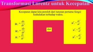td
dx
ux


td
dy
uy


td
dz
uz


td
xd
u x



td
yd
u y



td
zd
u z



Kecepatan dapat kita peroleh dari turunan pertama fungsi
kedudukan terhadap waktu.
dan
 