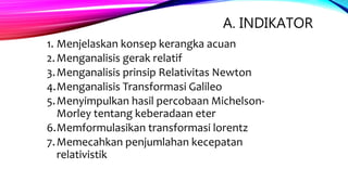 A. INDIKATOR
1. Menjelaskan konsep kerangka acuan
2.Menganalisis gerak relatif
3.Menganalisis prinsip Relativitas Newton
4.Menganalisis Transformasi Galileo
5.Menyimpulkan hasil percobaan Michelson-
Morley tentang keberadaan eter
6.Memformulasikan transformasi lorentz
7.Memecahkan penjumlahan kecepatan
relativistik
 