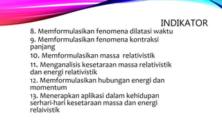 INDIKATOR
8. Memformulasikan fenomena dilatasi waktu
9. Memformulasikan fenomena kontraksi
panjang
10. Memformulasikan massa relativistik
11. Menganalisis kesetaraan massa relativistik
dan energi relativistik
12. Memformulasikan hubungan energi dan
momentum
13. Menerapkan aplikasi dalam kehidupan
serhari-hari kesetaraan massa dan energi
relaivistik
 