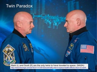 Twin Paradox
Mark (L) and Scott (R) are the only twins to have traveled to space. (NASA)
http://www.theverge.com/2016/3/1/11138102/scott-kelly-year-in-space-health-effects-return-to-earth
 