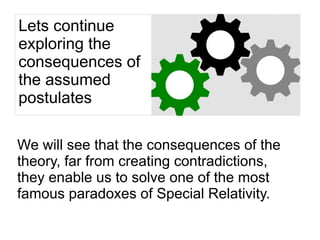 Lets continue
exploring the
consequences of
the assumed
postulates
We will see that the consequences of the
theory, far from creating contradictions,
they enable us to solve one of the most
famous paradoxes of Special Relativity.
 