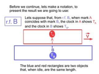 B
TB
A
TA
v
r.f. B
Lets suppose that, from r.f. B, when mark A
coincides with mark B, the clock in A shows TA
and the clock in B shows TB.
Before we continue, lets make a notation, to
present the result we are going to use:
The blue and red rectangles are two objects
that, when idle, are the same length.
 