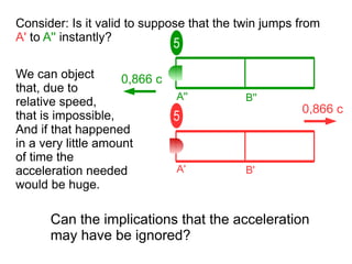 Consider: Is it valid to suppose that the twin jumps from
A' to A'' instantly?
0,866 c
5
A'' B''
5
0,866 cWe can object
that, due to
relative speed,
that is impossible,
A' B'
And if that happened
in a very little amount
of time the
acceleration needed
would be huge.
Can the implications that the acceleration
may have be ignored?
 