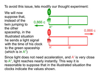 To avoid this issue, lets modify our thought experiment:
0,866 c
5
A'' B''
5
0,866 c
We will now
suppose that,
instead of the
twin jumping to
the other
spaceship, in the
A' B'
Illustrated situation
he sends a light signal
with the time of his clock
to the green spaceship
(which is in A'')
Since light does not need acceleration, and A' is very close
to A'', light reaches nearly instantly. This way it is
reasonable to suppose that in the illustrated situation the
clocks indicate the values shown.
 