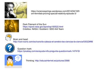 Brain and head:
http://icon-icons.com/es/icono/la-cabeza-el-cerebro-las-ciencias-la-ciencia/53022#96
Question mark:
https://pixabay.com/es/ayuda-info-pregunta-questionmark-147419/
Thinking: http://educainternet.es/pictures/3568
https://sciencesprings.wordpress.com/2014/04/18/fr
om-fermilab-proving-special-relativity-episode-3/
Dark Filament of the Sun
https://apod.nasa.gov/apod/ap100522.html
Créditos: NASA / Goddard / SDO AIA Team
 