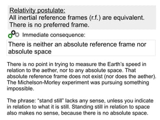 There is no point in trying to measure the Earth’s speed in
relation to the aether, nor to any absolute space. That
absolute reference frame does not exist (nor does the aether).
The Michelson-Morley experiment was pursuing something
impossible.
The phrase: “stand still” lacks any sense, unless you indicate
in relation to what it is still. Standing still in relation to space
also makes no sense, because there is no absolute space.
Immediate consequence:
There is neither an absolute reference frame nor
absolute space
Relativity postulate:
All inertial reference frames (r.f.) are equivalent.
There is no preferred frame.
 