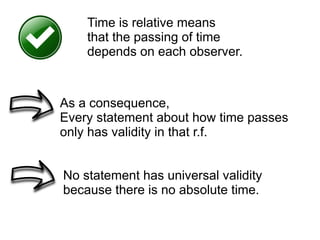 No statement has universal validity
because there is no absolute time.
As a consequence,
Every statement about how time passes
only has validity in that r.f.
Time is relative means
that the passing of time
depends on each observer.
 